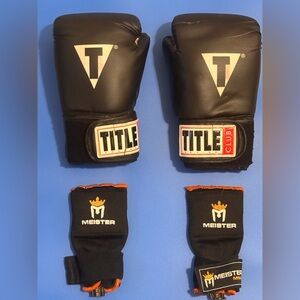 Boxing Set:TITLE Club Gloves & Meister MMA Hand Wraps (Black/Orange, Adult Size)